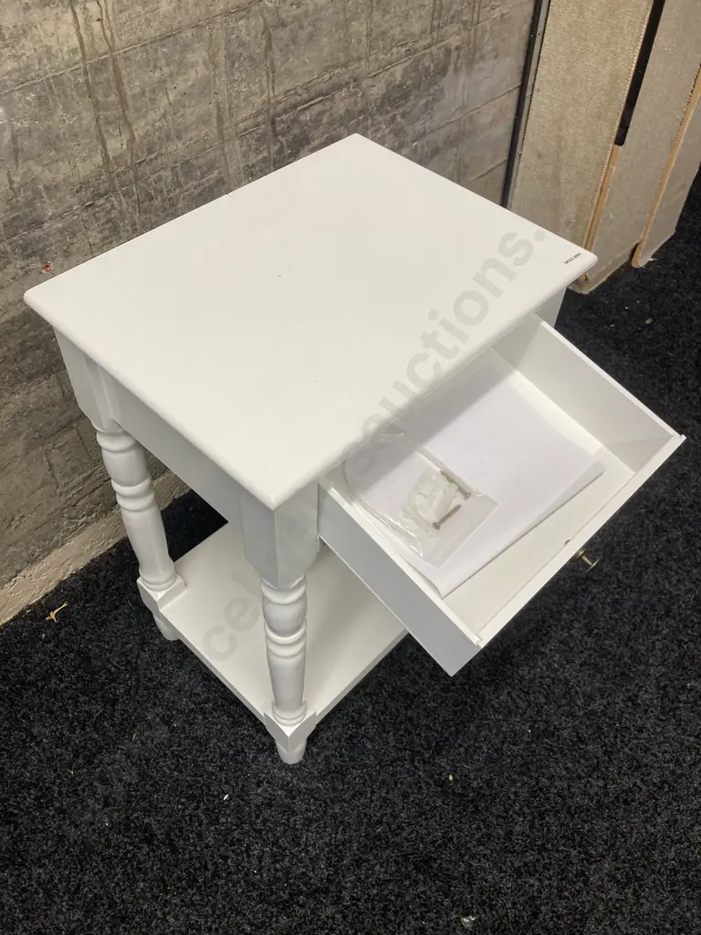 Ex Early Settler Valentine Bedside Table, White Goss Paint Finish, Single Drawer. H60 W40 D30cm Image 1++